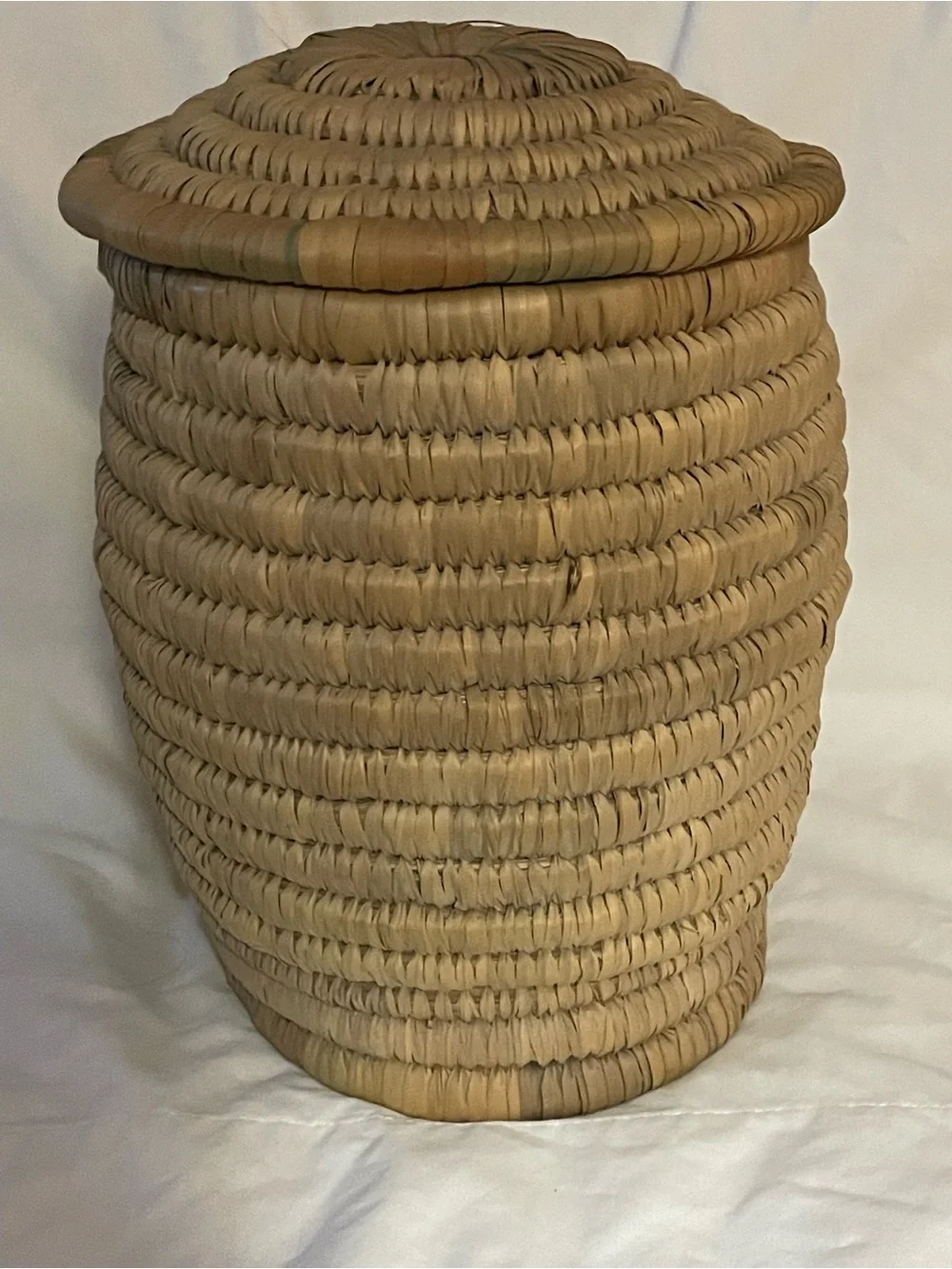 Handwoven Coiled Raffia 14” Lidded Snake Charmer Basket